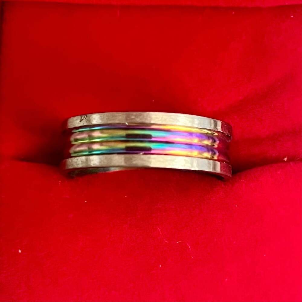 Rainbow Stripe Titanium Steel 8mm Band Ring Size 10